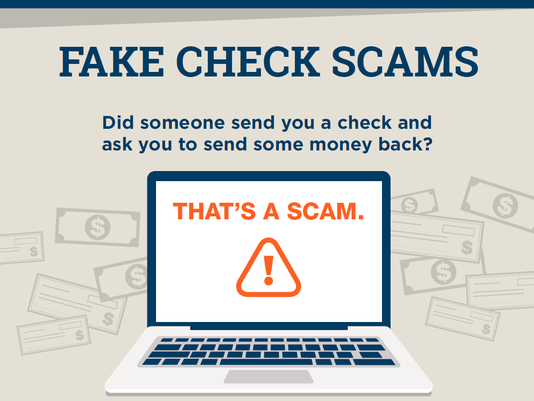 Fake Check Scams image with laptop that says "That's a Scam"